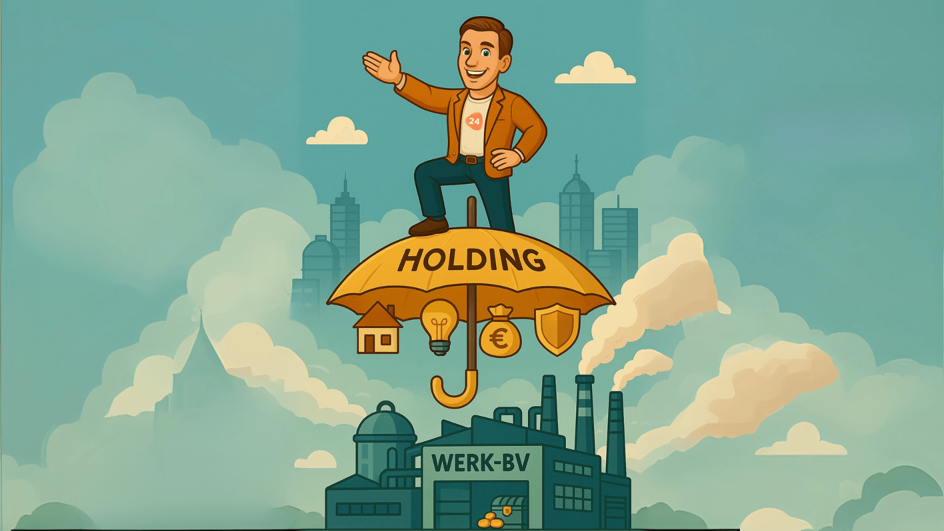 Thomas van Firm24 staat op de paraplu die staat voor de holding boven de BV (de werk-BV)
