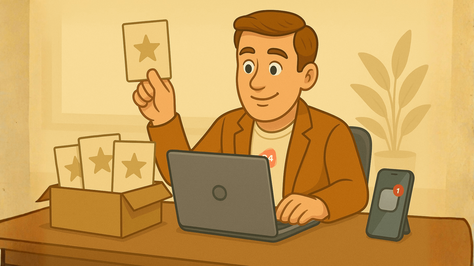 Thomas van Firm24 achter zijn laptop is op zoek naar klantreviews