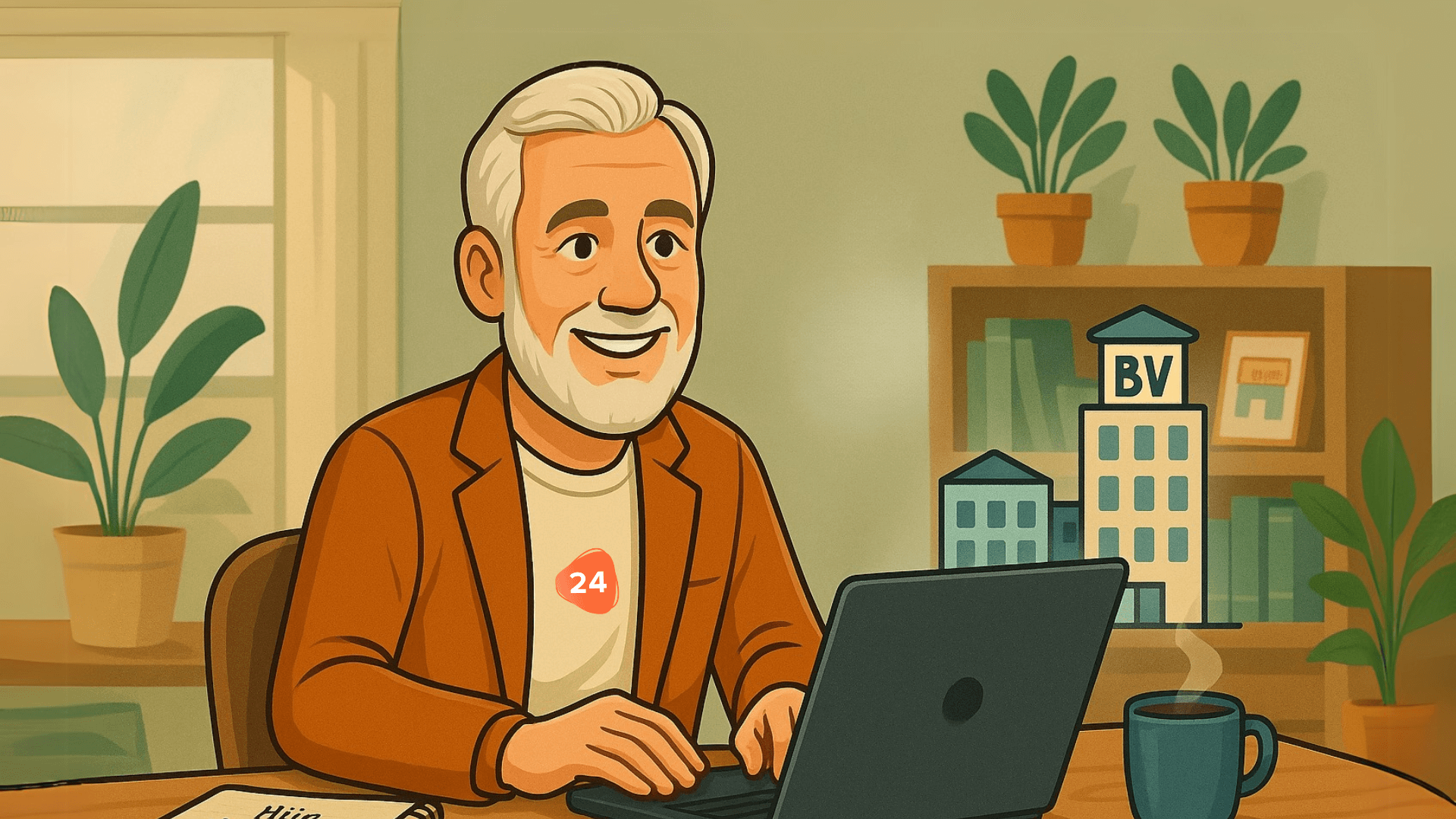 Thomas van Firm24 in zijn pensioen aan het ondernemen achter zijn bureau Thomas van Firm24 in zijn pensioen aan het ondernemen achter zijn bureau