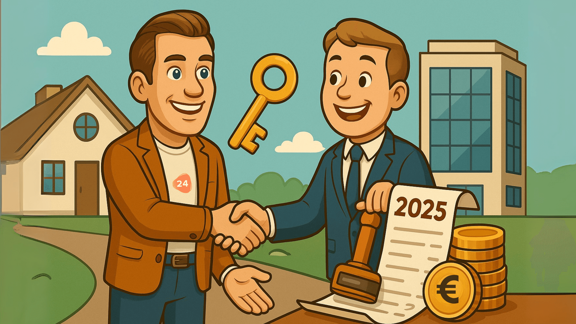Thomas van Firm24 geeft een handdruk voor een overdracht waarin de overdrachtsbelasting 2025 is besproken