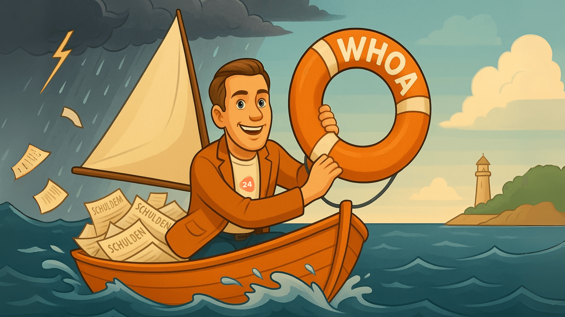 Thomas van Firm24 in een bootje op zee in een storm met een reddingsband die staat voor Whoa Wet homologatie onderhands akkoord