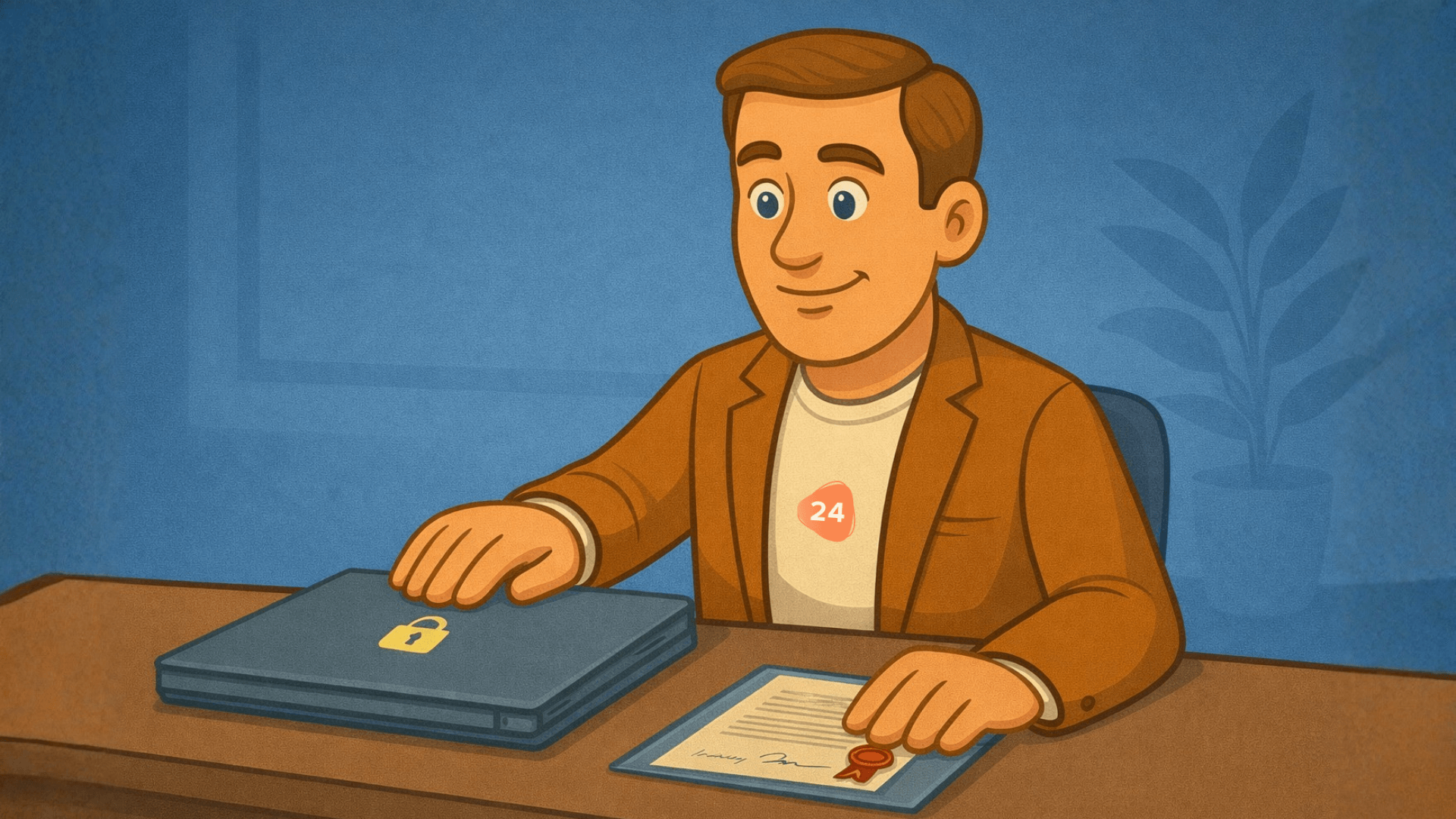 Thomas van Firm24 acter zijn laptop met zijn geheimhoudingsbeding Thomas van Firm24 acter zijn laptop met zijn geheimhoudingsbeding